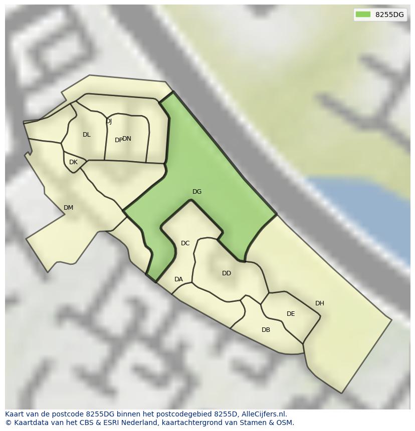 Afbeelding van het postcodegebied 8255 DG op de kaart.