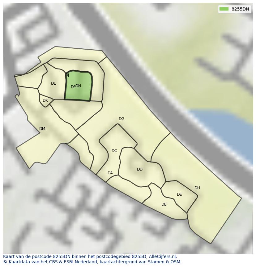Afbeelding van het postcodegebied 8255 DN op de kaart.