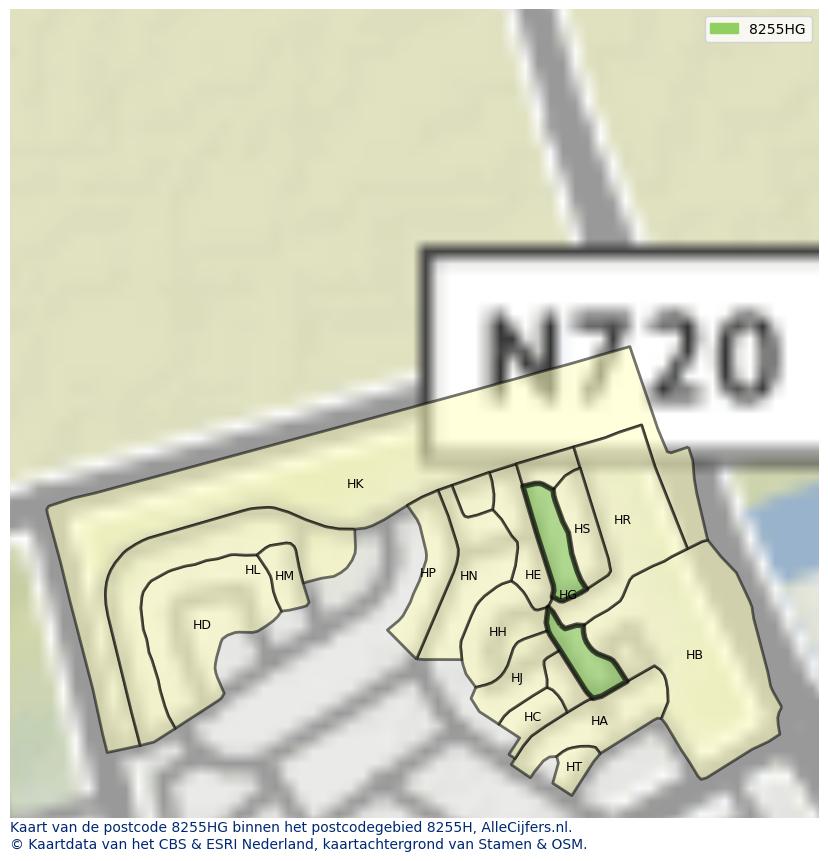 Afbeelding van het postcodegebied 8255 HG op de kaart.