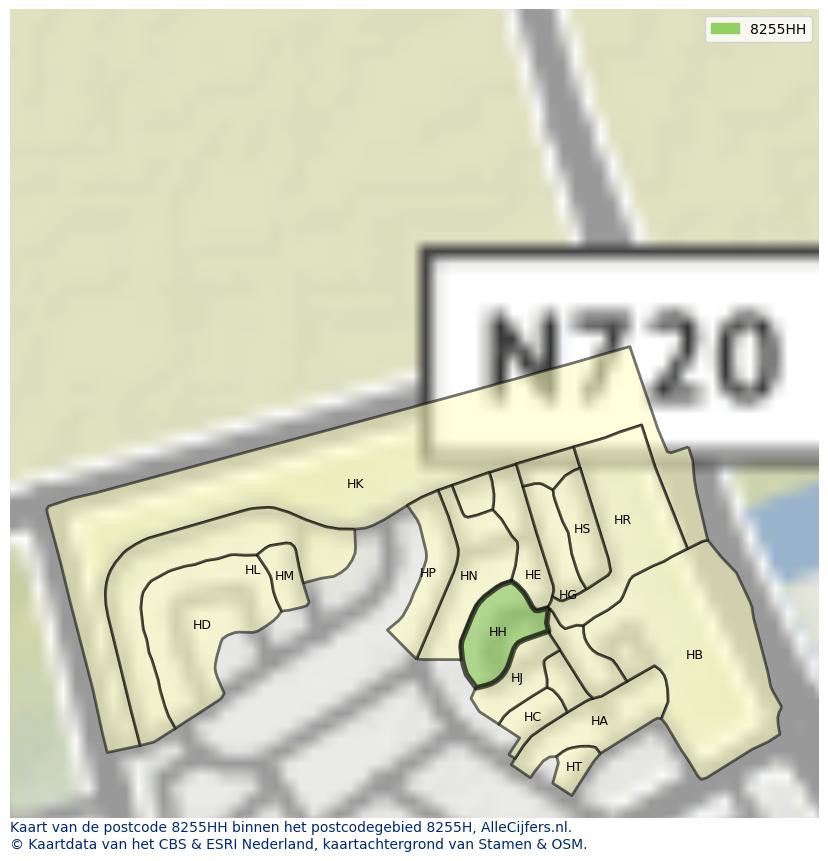 Afbeelding van het postcodegebied 8255 HH op de kaart.