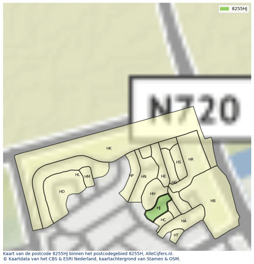 Afbeelding van het postcodegebied 8255 HJ op de kaart.