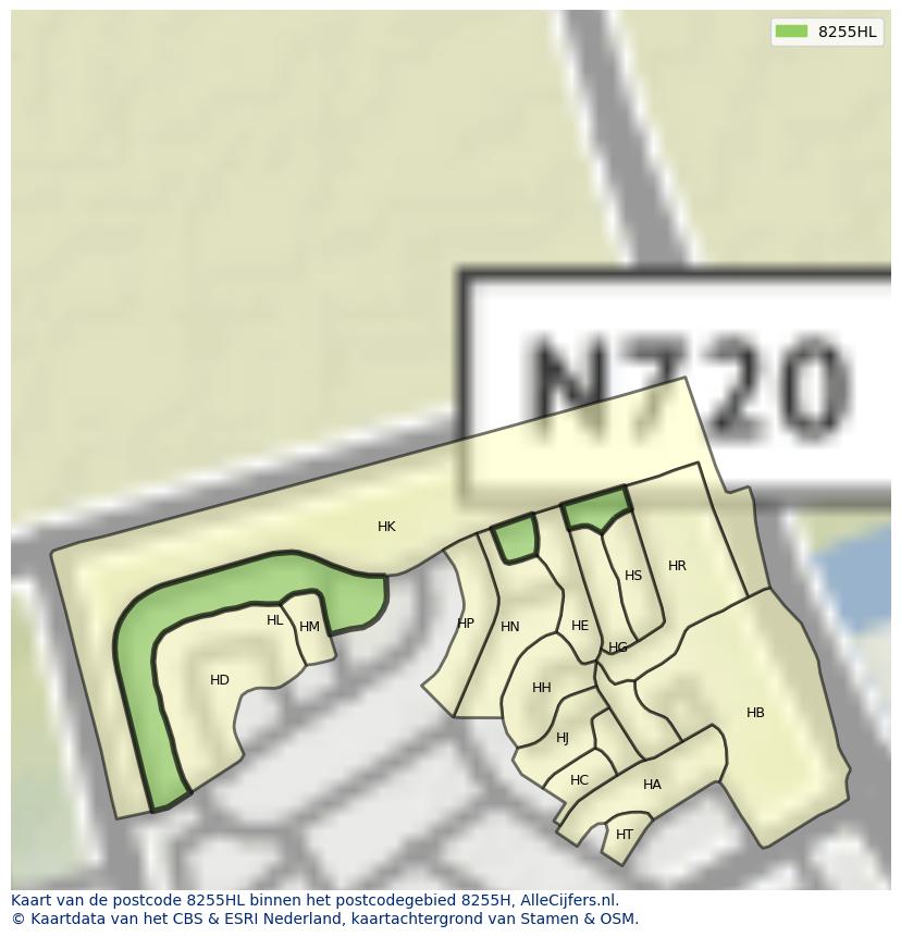 Afbeelding van het postcodegebied 8255 HL op de kaart.