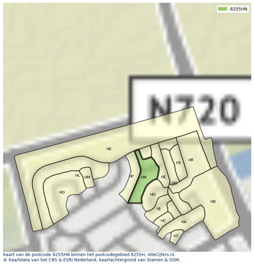 Afbeelding van het postcodegebied 8255 HN op de kaart.