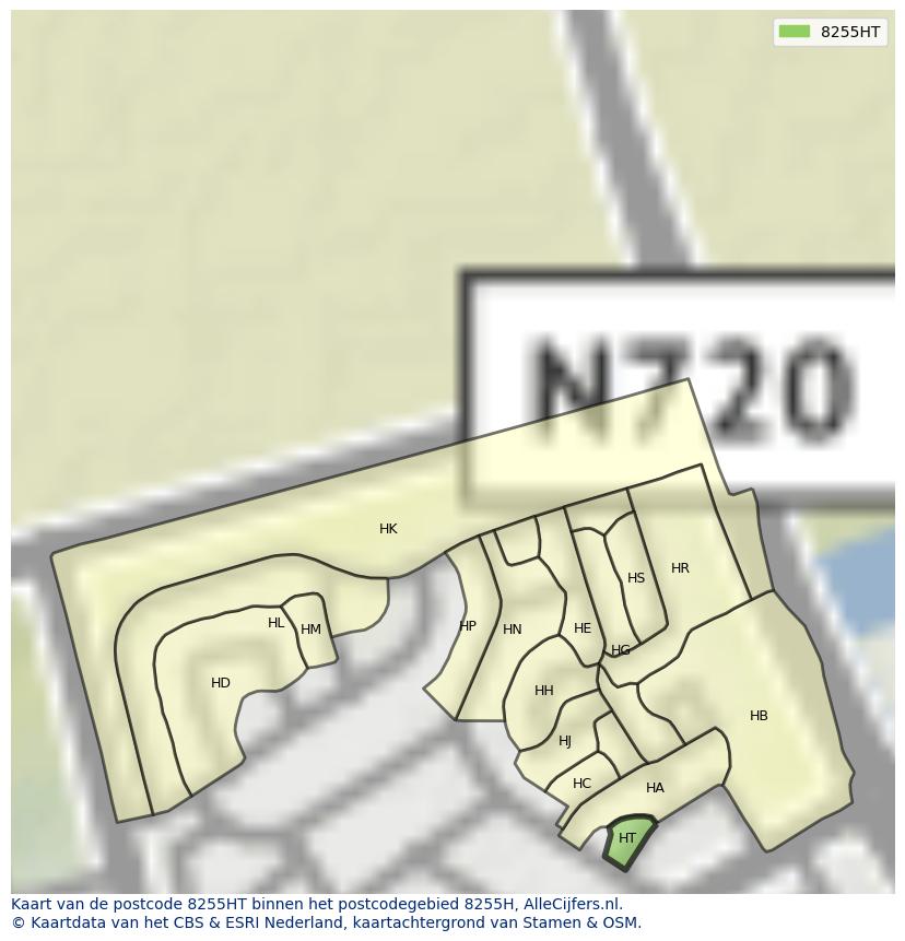 Afbeelding van het postcodegebied 8255 HT op de kaart.