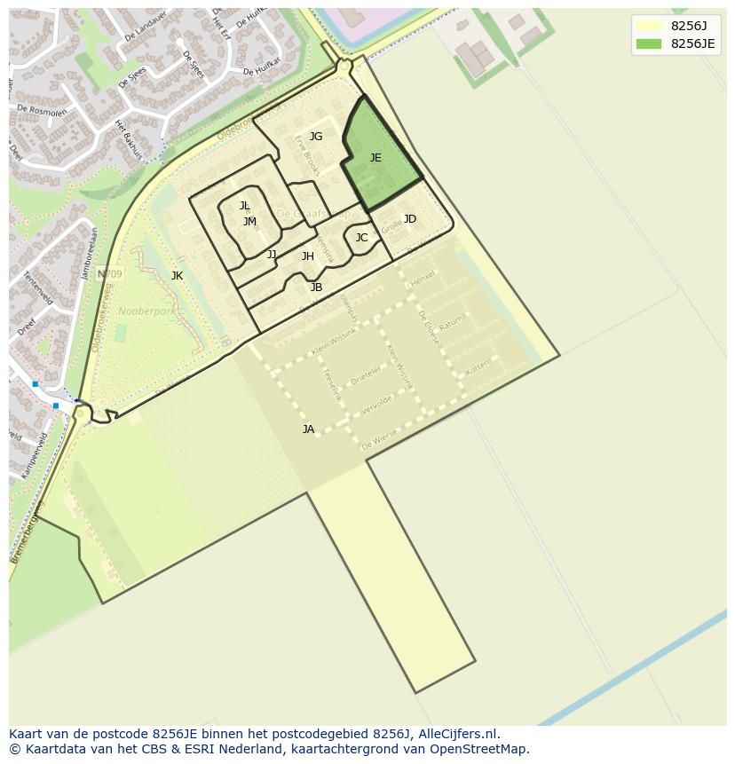 Afbeelding van het postcodegebied 8256 JE op de kaart.