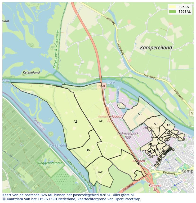 Afbeelding van het postcodegebied 8263 AL op de kaart.