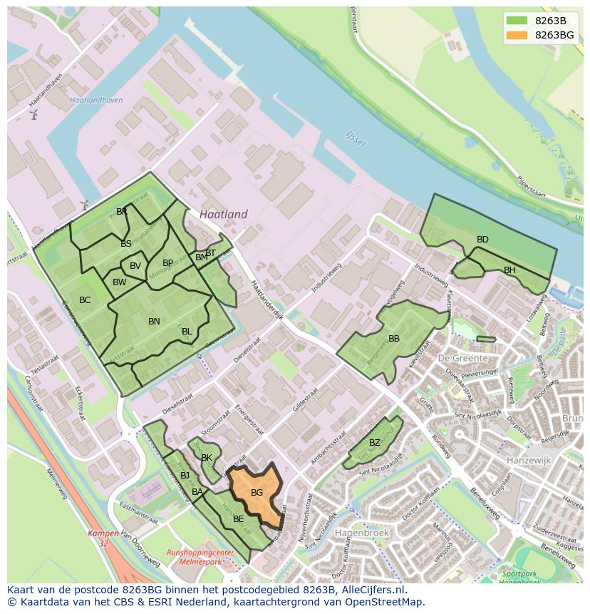 Afbeelding van het postcodegebied 8263 BG op de kaart.