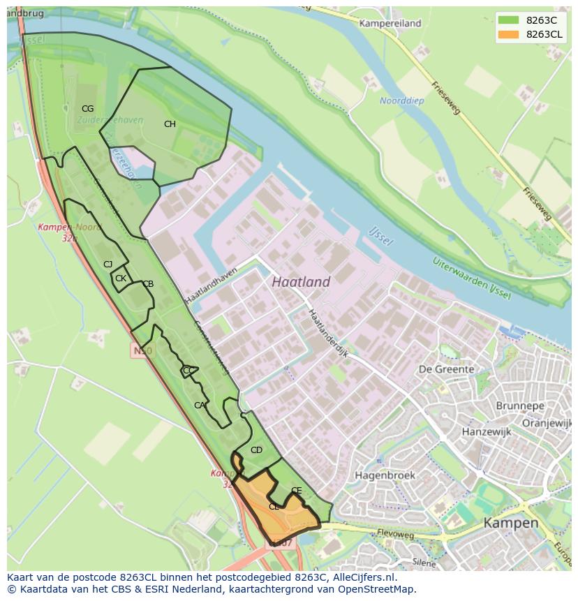 Afbeelding van het postcodegebied 8263 CL op de kaart.