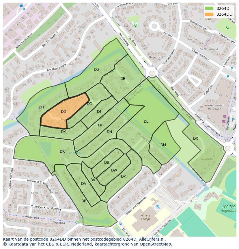 Afbeelding van het postcodegebied 8264 DD op de kaart.