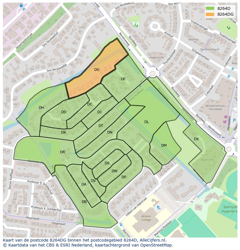 Afbeelding van het postcodegebied 8264 DG op de kaart.