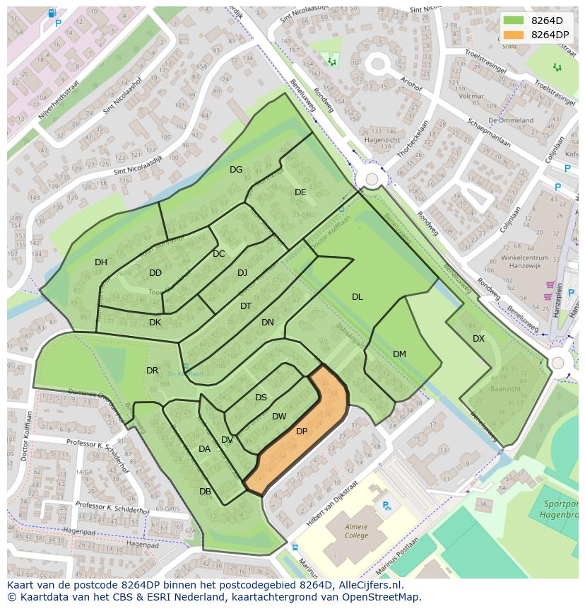 Afbeelding van het postcodegebied 8264 DP op de kaart.