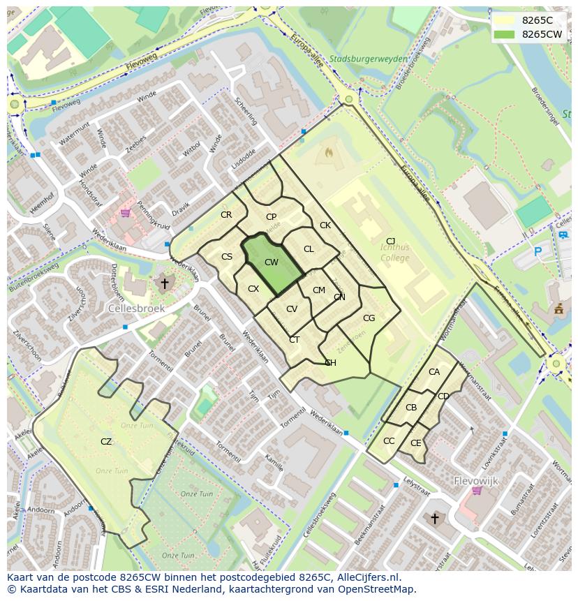 Afbeelding van het postcodegebied 8265 CW op de kaart.