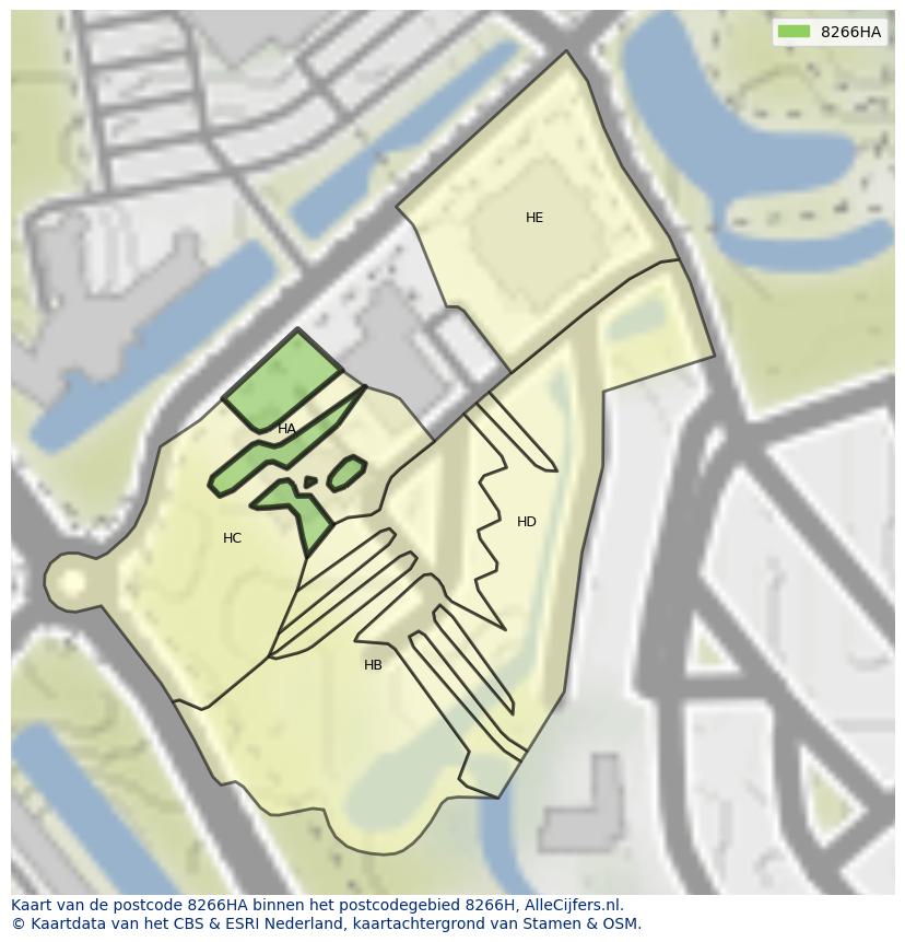 Afbeelding van het postcodegebied 8266 HA op de kaart.