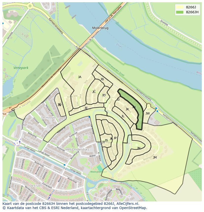 Afbeelding van het postcodegebied 8266 JH op de kaart.