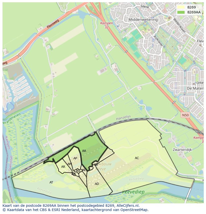 Afbeelding van het postcodegebied 8269 AA op de kaart.