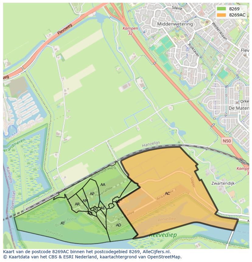 Afbeelding van het postcodegebied 8269 AC op de kaart.