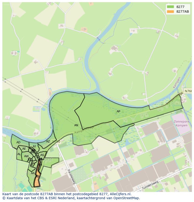 Afbeelding van het postcodegebied 8277 AB op de kaart.