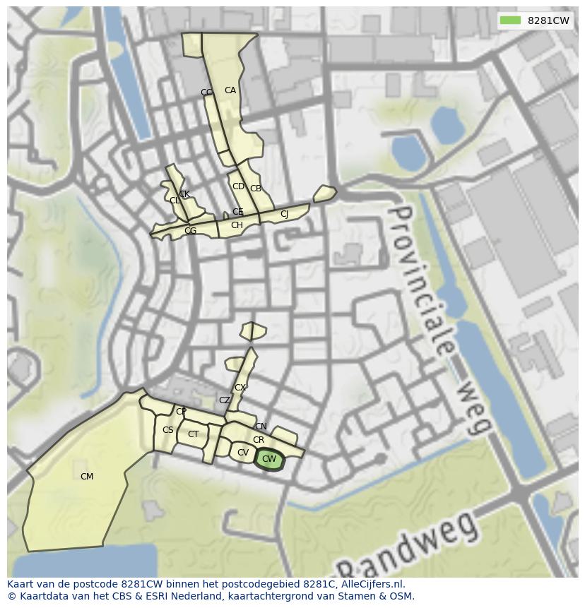 Afbeelding van het postcodegebied 8281 CW op de kaart.
