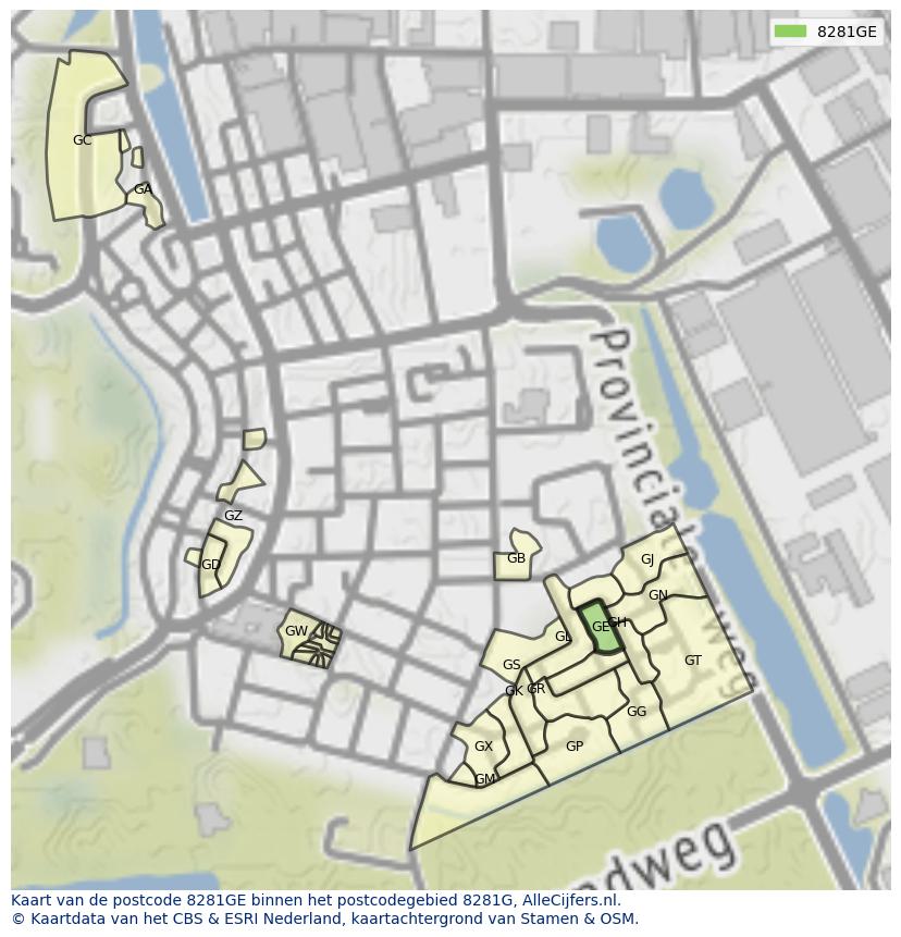 Afbeelding van het postcodegebied 8281 GE op de kaart.