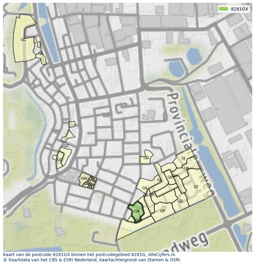 Afbeelding van het postcodegebied 8281 GX op de kaart.