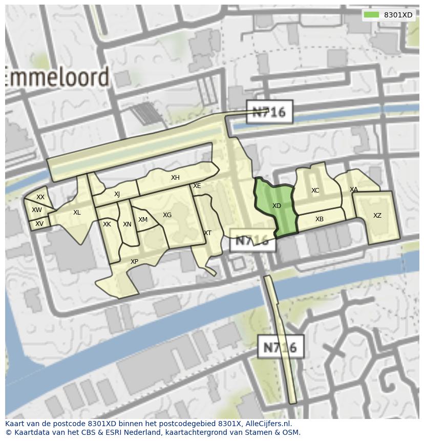 Afbeelding van het postcodegebied 8301 XD op de kaart.