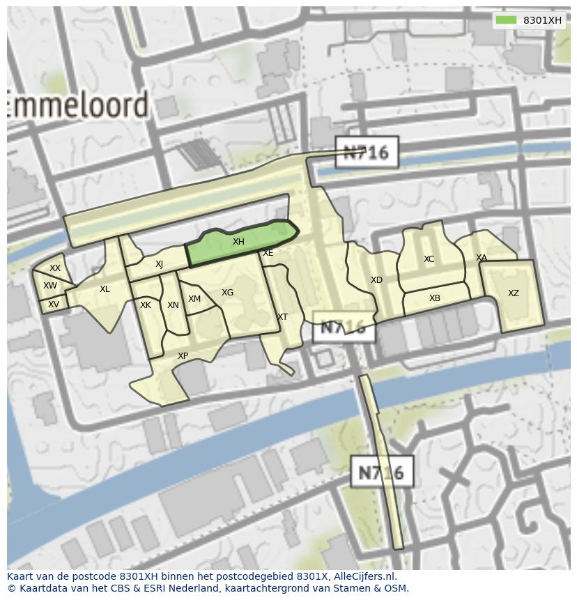 Afbeelding van het postcodegebied 8301 XH op de kaart.