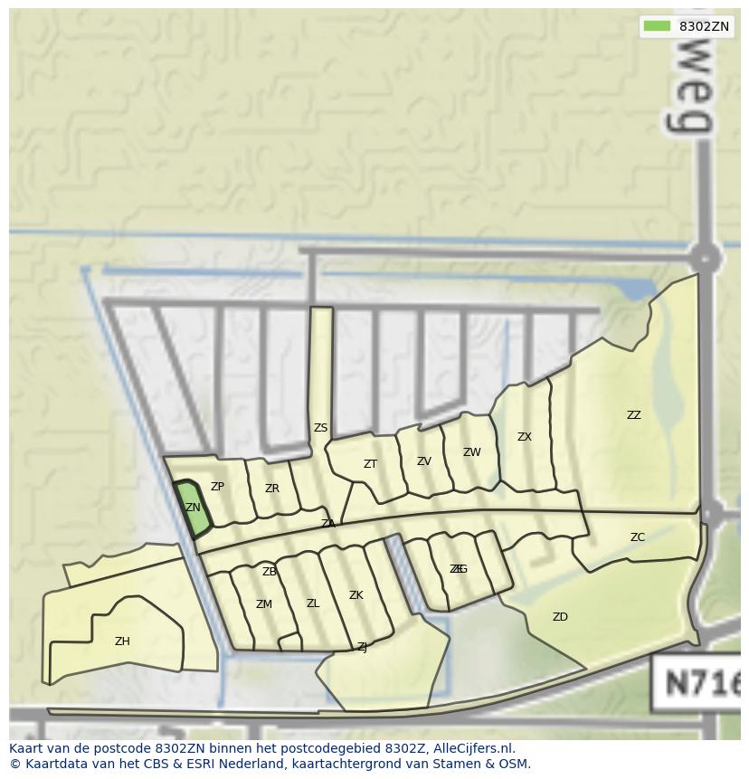 Afbeelding van het postcodegebied 8302 ZN op de kaart.