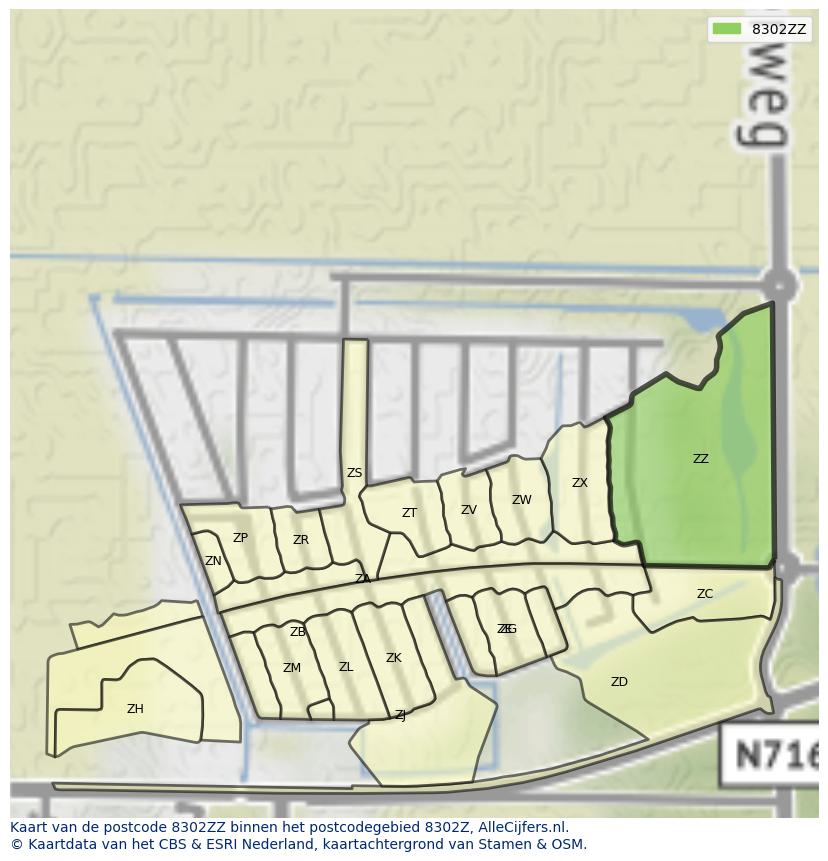 Afbeelding van het postcodegebied 8302 ZZ op de kaart.