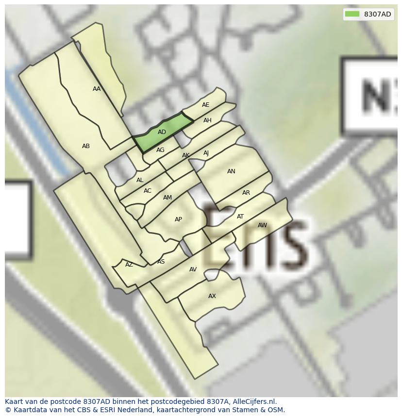 Afbeelding van het postcodegebied 8307 AD op de kaart.