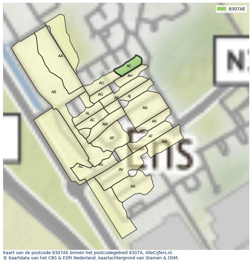 Afbeelding van het postcodegebied 8307 AE op de kaart.