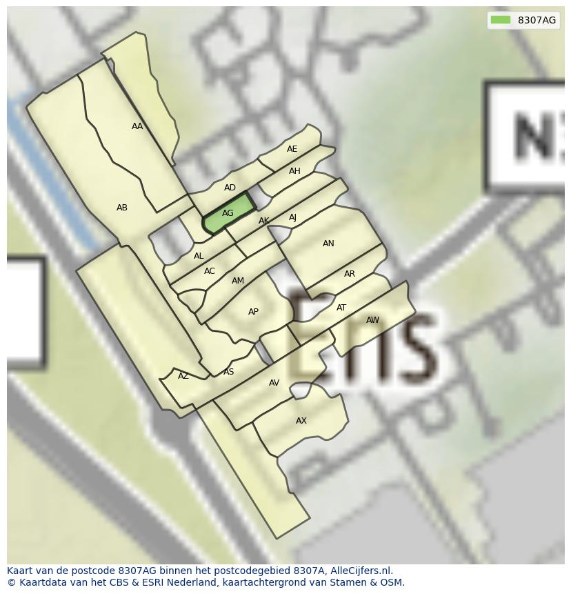 Afbeelding van het postcodegebied 8307 AG op de kaart.