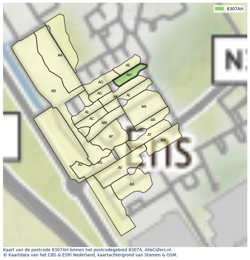 Afbeelding van het postcodegebied 8307 AH op de kaart.