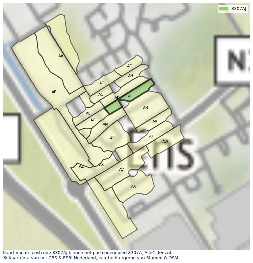 Afbeelding van het postcodegebied 8307 AJ op de kaart.