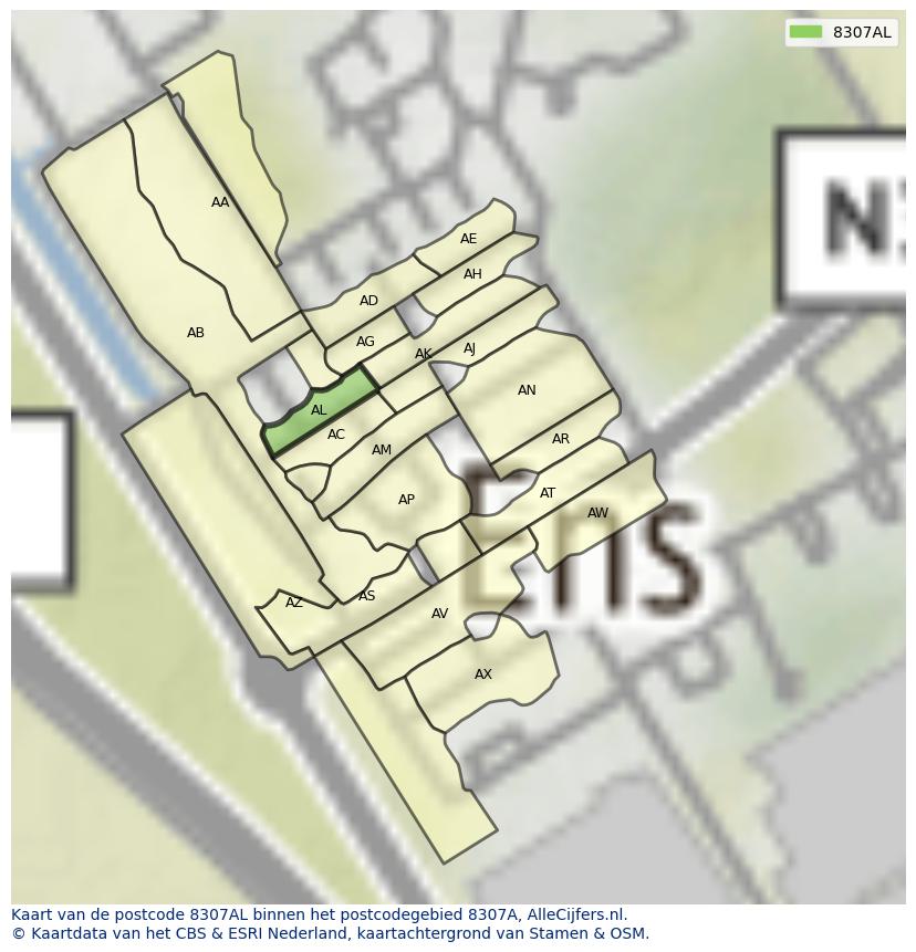 Afbeelding van het postcodegebied 8307 AL op de kaart.