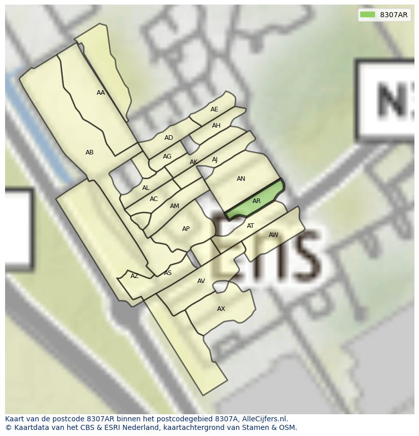 Afbeelding van het postcodegebied 8307 AR op de kaart.
