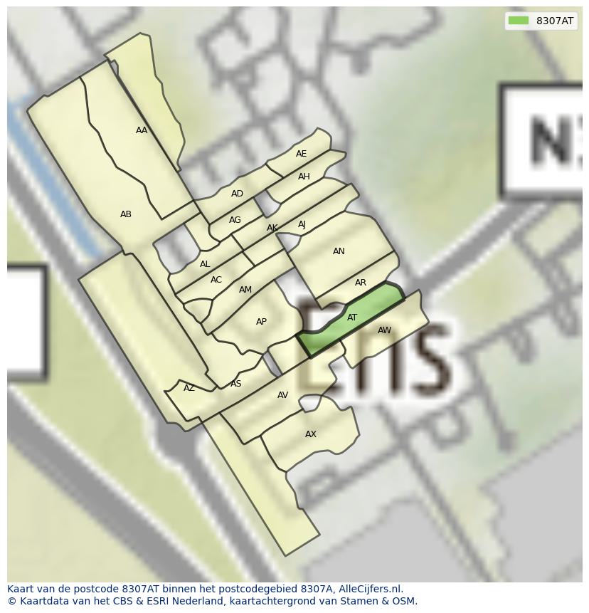 Afbeelding van het postcodegebied 8307 AT op de kaart.