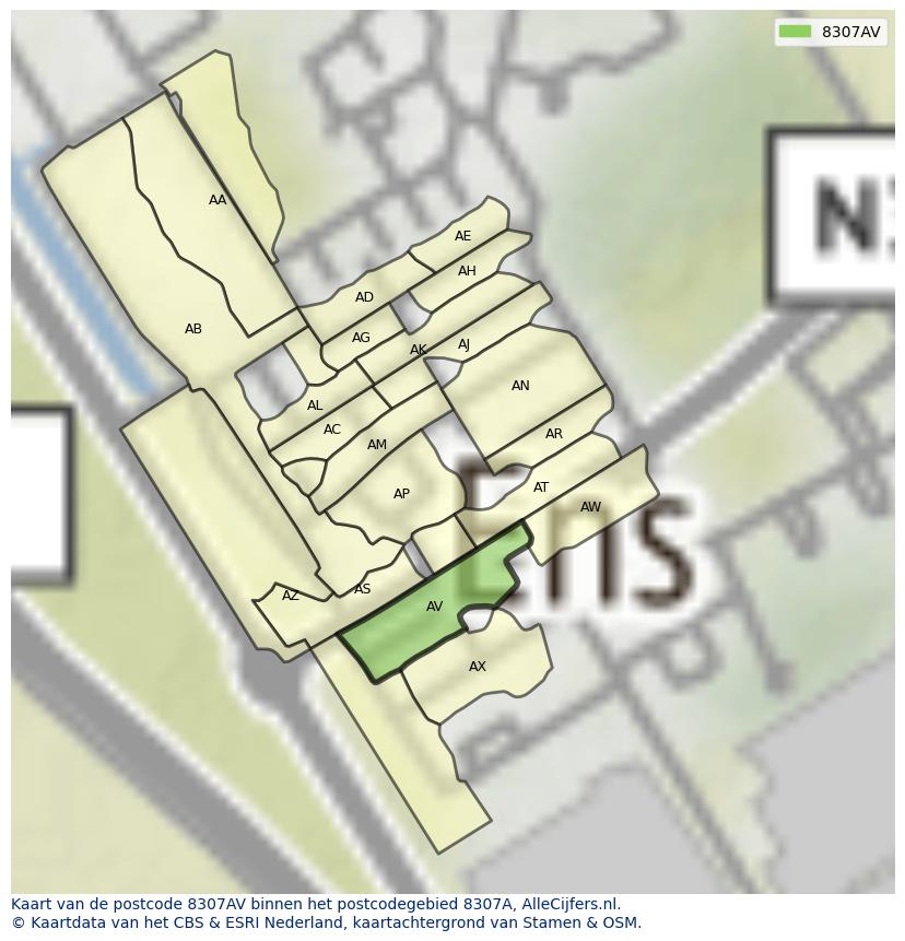 Afbeelding van het postcodegebied 8307 AV op de kaart.