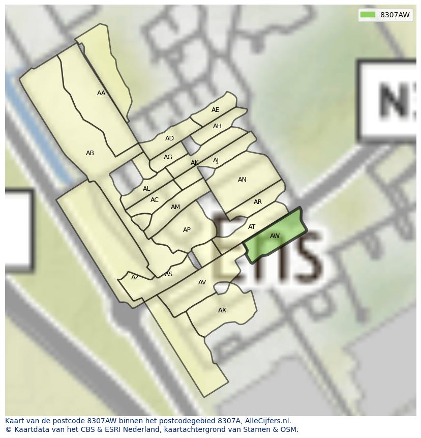 Afbeelding van het postcodegebied 8307 AW op de kaart.