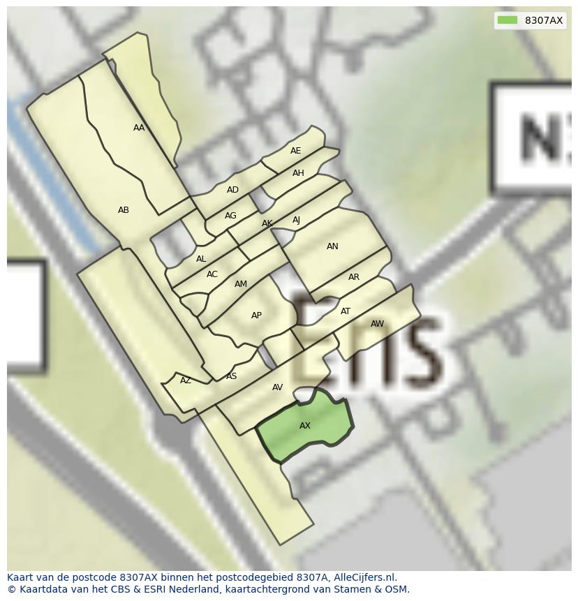 Afbeelding van het postcodegebied 8307 AX op de kaart.