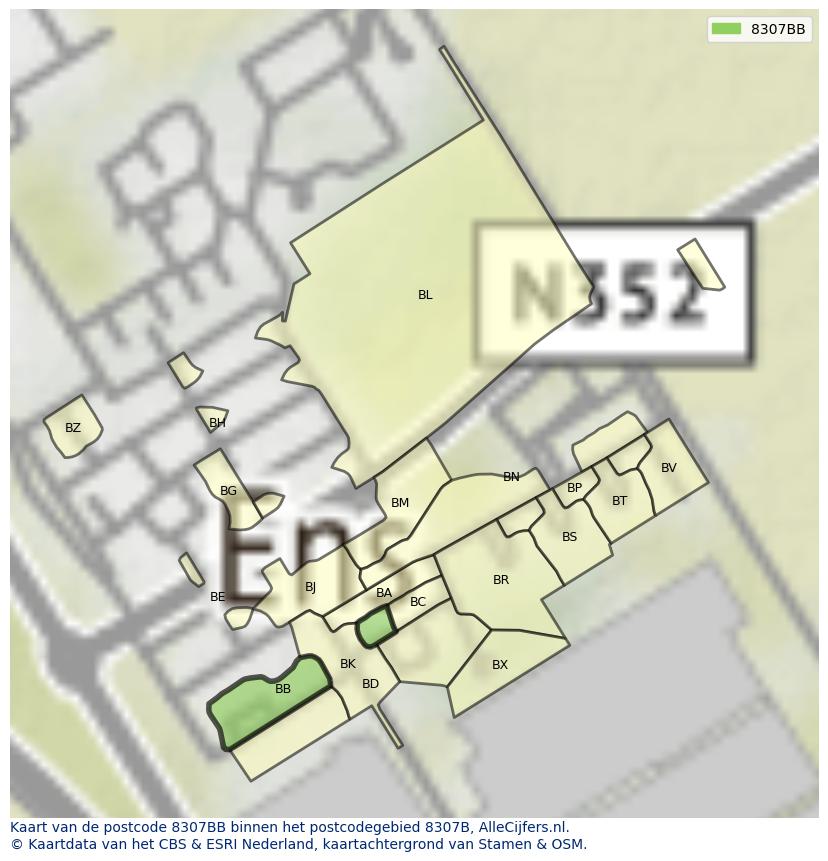 Afbeelding van het postcodegebied 8307 BB op de kaart.