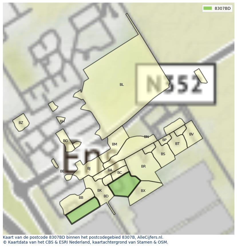 Afbeelding van het postcodegebied 8307 BD op de kaart.