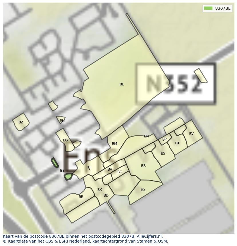 Afbeelding van het postcodegebied 8307 BE op de kaart.