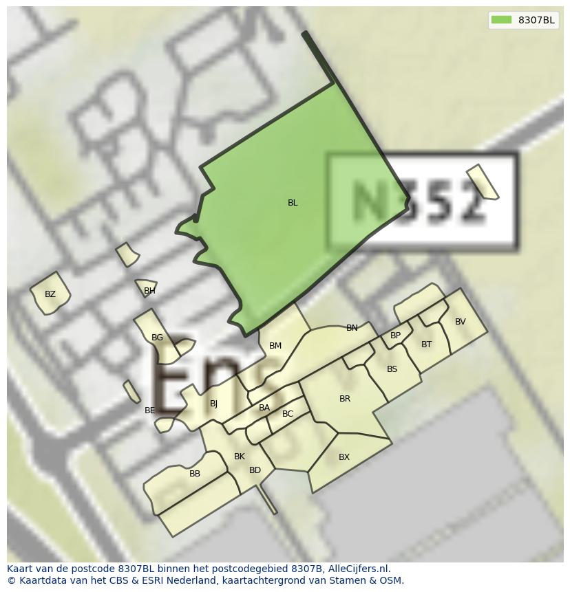 Afbeelding van het postcodegebied 8307 BL op de kaart.