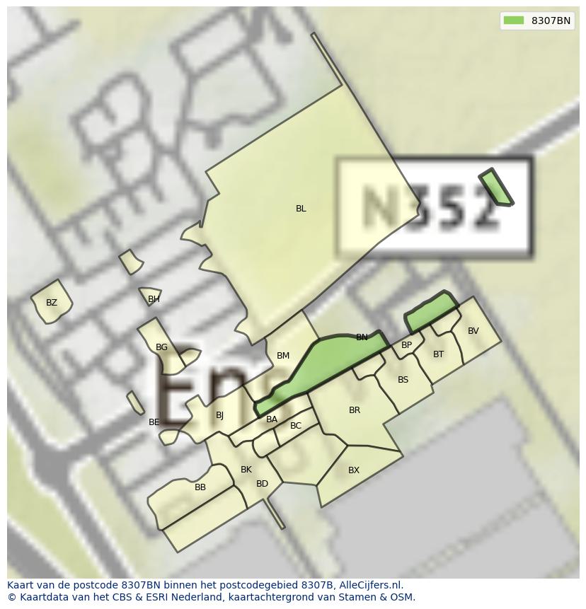 Afbeelding van het postcodegebied 8307 BN op de kaart.