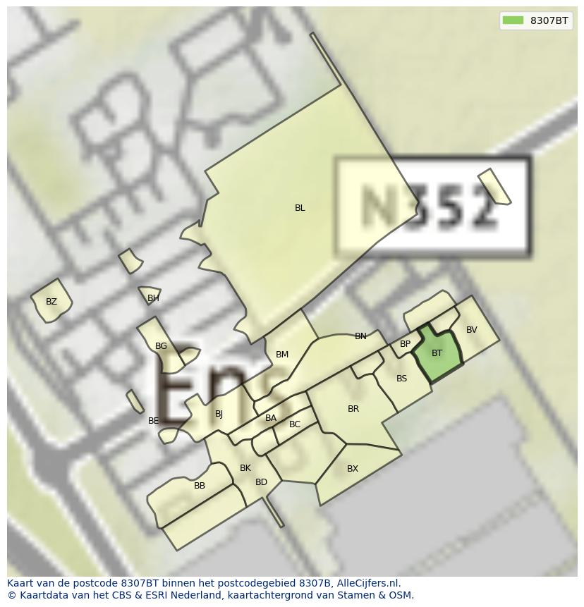Afbeelding van het postcodegebied 8307 BT op de kaart.