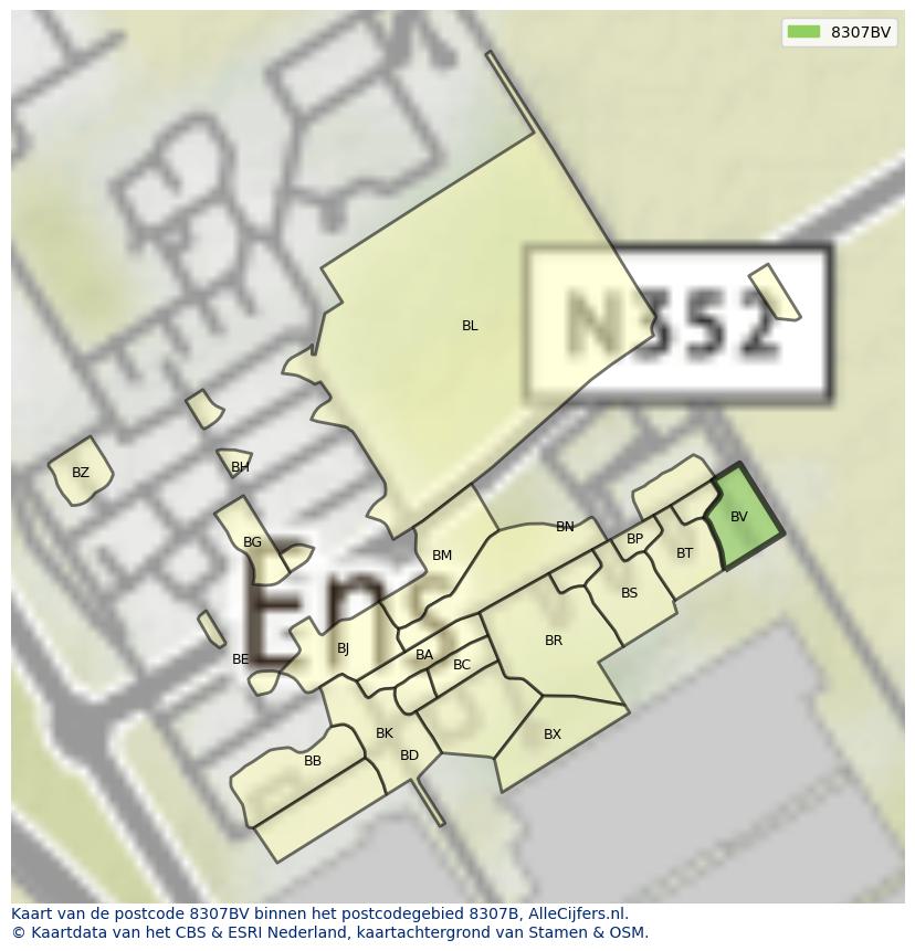 Afbeelding van het postcodegebied 8307 BV op de kaart.