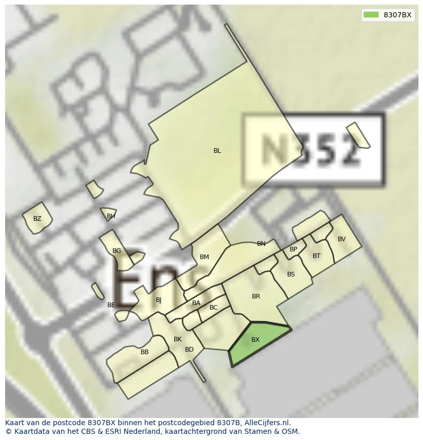 Afbeelding van het postcodegebied 8307 BX op de kaart.
