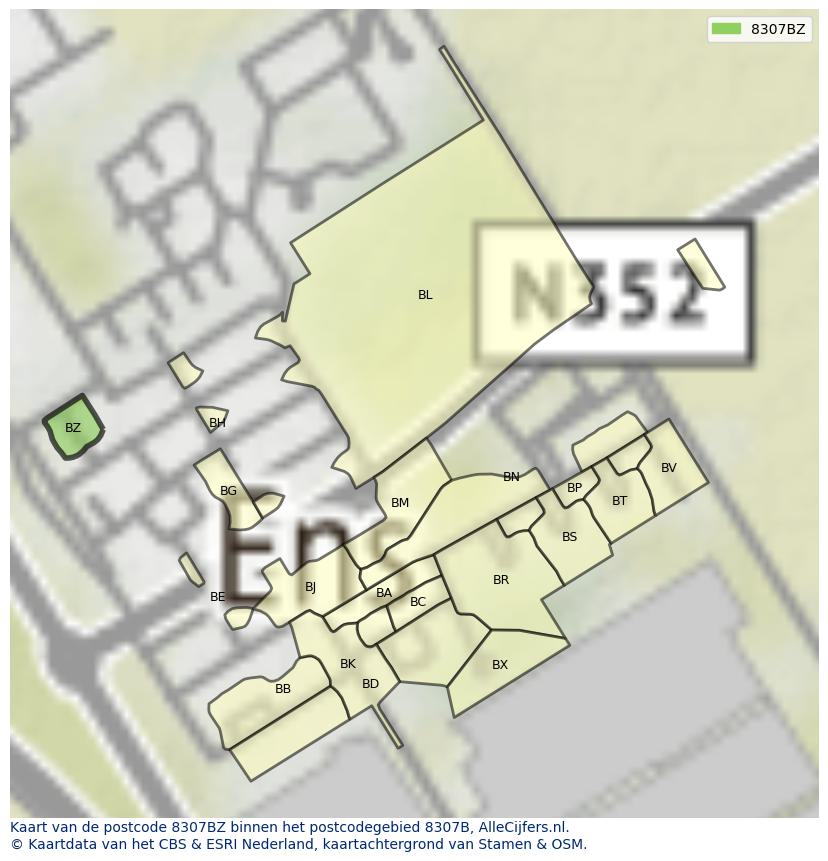 Afbeelding van het postcodegebied 8307 BZ op de kaart.