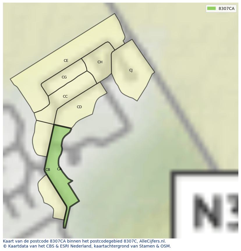 Afbeelding van het postcodegebied 8307 CA op de kaart.