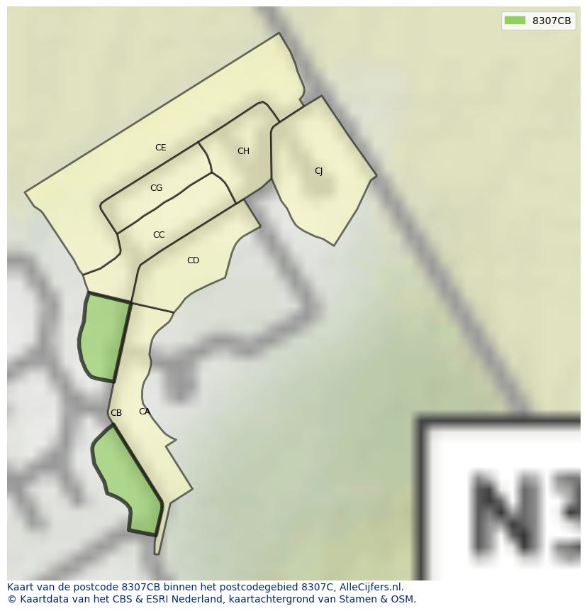 Afbeelding van het postcodegebied 8307 CB op de kaart.